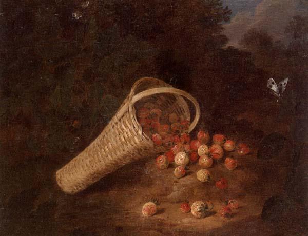 unknow artist A wooded landscape with sirawberries spilling from an overturned basket oil painting image